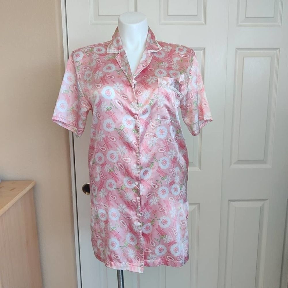 Vintage Kathryn dragonfly floral paisley satin button nightgown